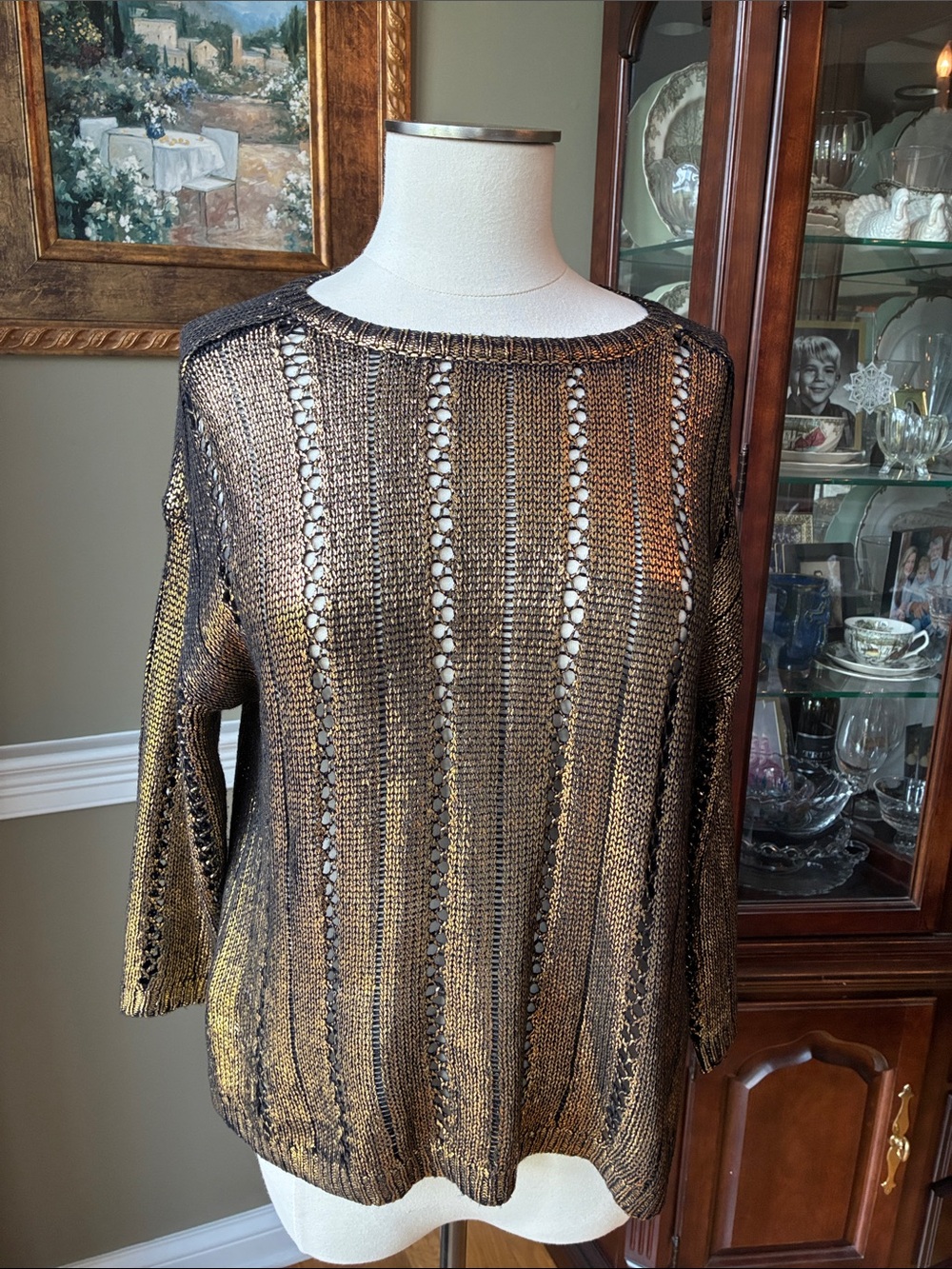 Ellen Tracy Foil Print Metallic Open-Knit Pullover Sweater Size Medium